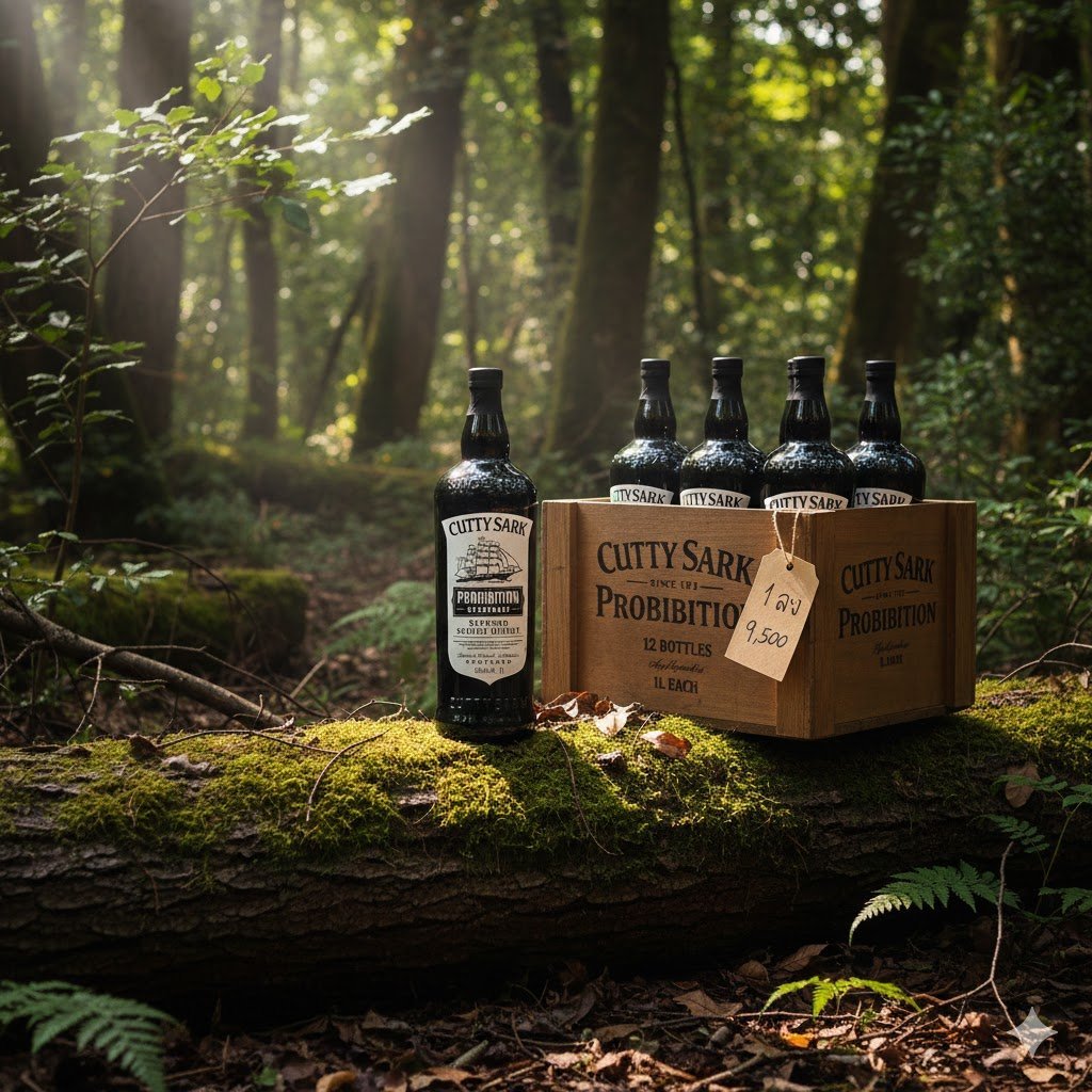 ขวดวิสกี้ Cutty Sark Prohibition ขนาด 1 ลิตร และแบบยกลัง 12 ขวด วางบนขอนไม้ในป่าธรรมชาติ