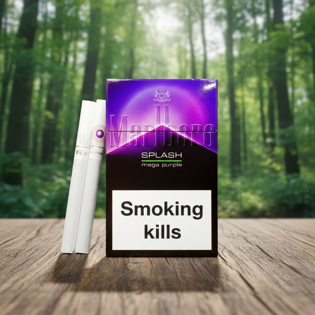 บุหรี่ Marlboro Splash Mega Purple กล่องสีม่วง วางคู่กับมวนบุหรี่บนโต๊ะไม้ ฉากหลังเป็นป่าธรรมชาติ