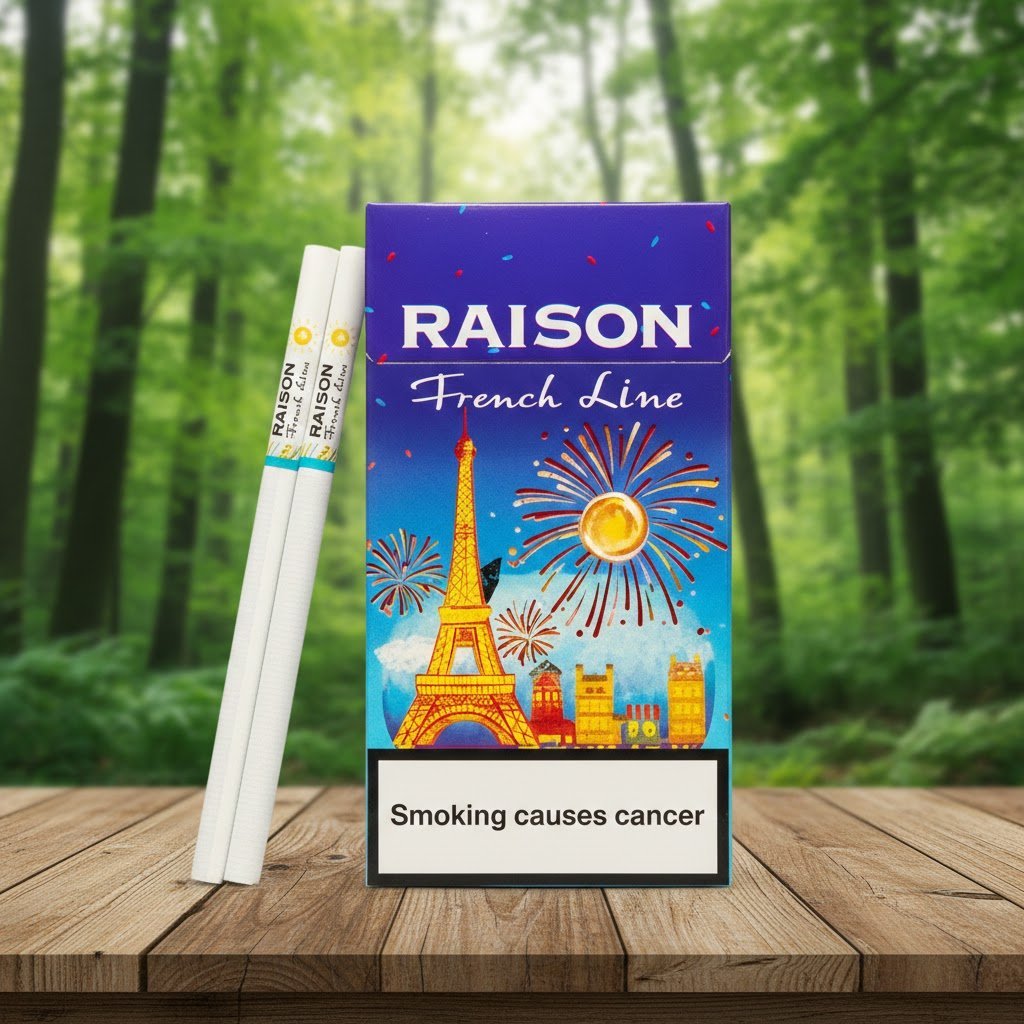 บุหรี่ Raison French Line Blue กล่องสีน้ำเงินลายหอไอเฟลและพลุไฟ วางคู่กับมวนบุหรี่สลิมบนพื้นไม้