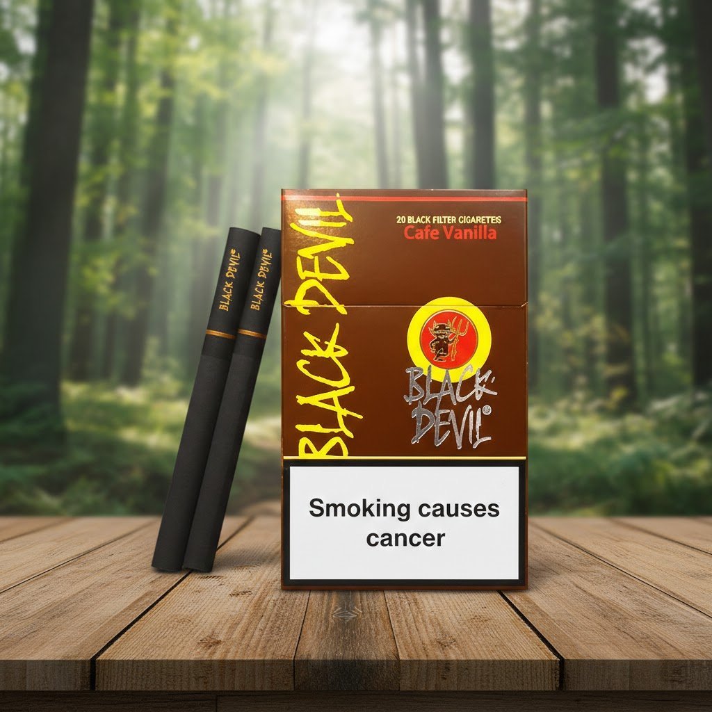 บุหรี่ Black Devil Cafe Vanilla กล่องสีน้ำตาลและมวนบุหรี่สีดำสนิท วางบนโต๊ะไม้ในบรรยากาศธรรมชาติ