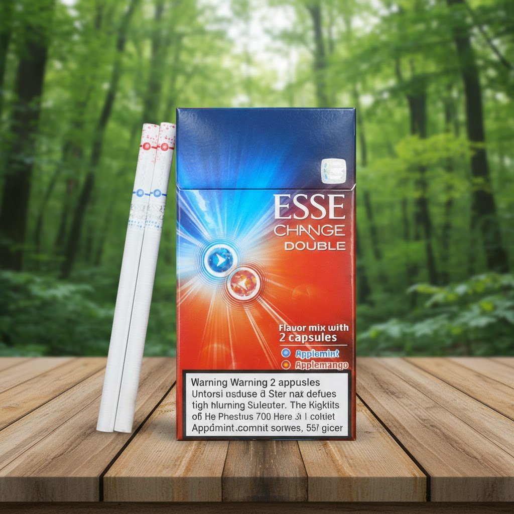 ซองบุหรี่ ESSE Change Double Applemango วางบนโต๊ะไม้ในบรรยากาศป่าเขียวขจี