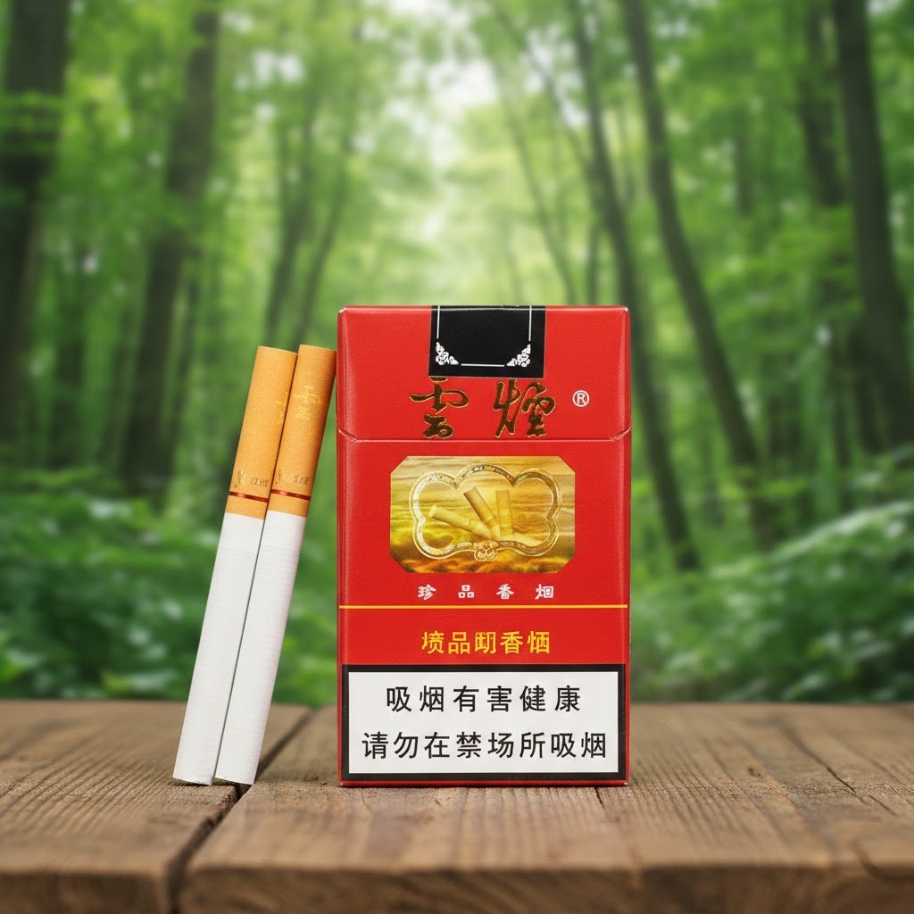 บุหรี่ Yunyan แบบซองอ่อนสีแดงดีไซน์คลาสสิก วางบนโต๊ะไม้ท่ามกลางบรรยากาศป่าธรรมชาติ