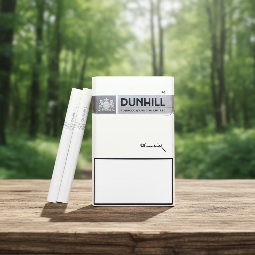 ซองบุหรี่ Dunhill White 1mg ดีไซน์หรูหราสีขาววางบนโต๊ะไม้ในบรรยากาศป่าธรรมชาติ