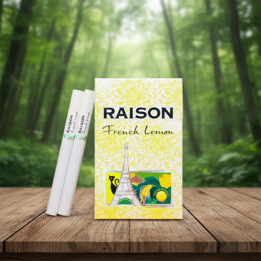 ซองบุหรี่ Raison French Lemon ลายหอไอเฟลสีเหลืองสดใส พร้อมมวนบุหรี่วางบนโต๊ะไม้