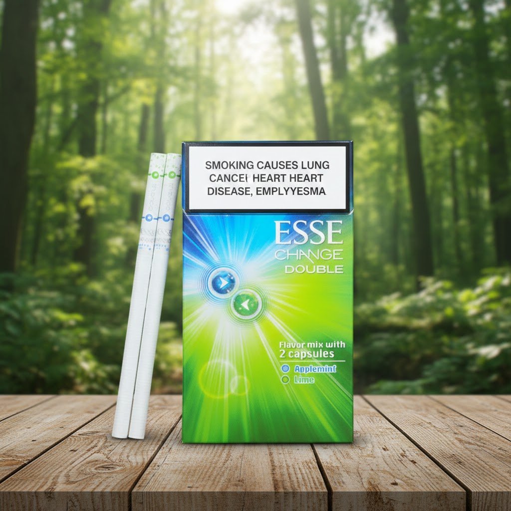 ซองบุหรี่ ESSE Change Double ดีไซน์สีเขียวฟ้าสดใส พร้อมมวนบุหรี่แบบ Super Slim วางบนโต๊ะไม้