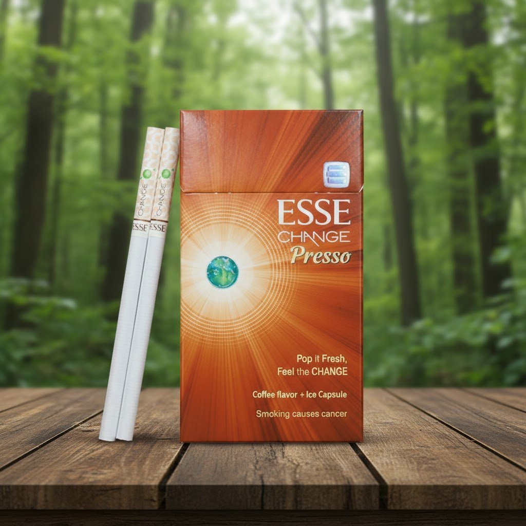 ซองบุหรี่ ESSE Change Presso สีส้มลายรัศมี และมวนบุหรี่แบบสลิม วางบนโต๊ะไม้ฉากหลังป่าสีเขียว