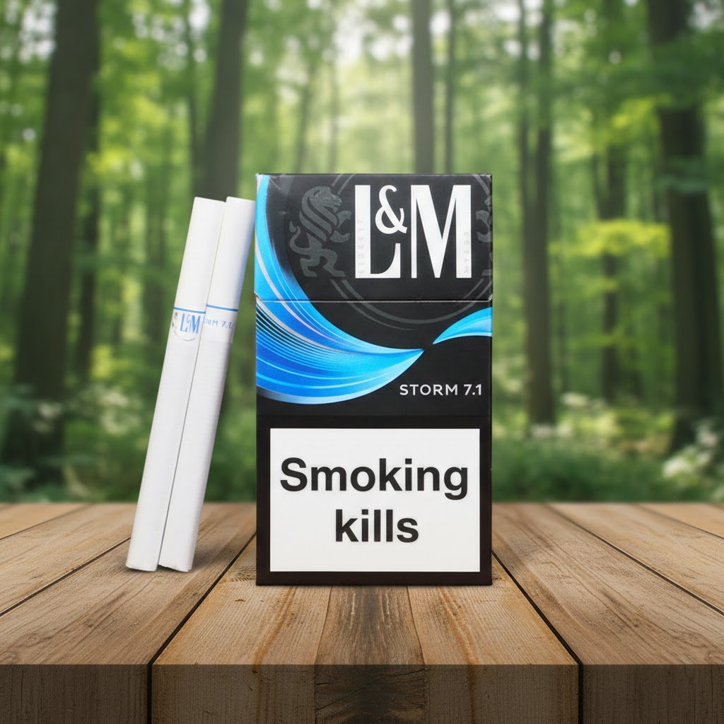 ซองบุหรี่ L&M Storm 7.1 สีดำดีไซน์แถบสีฟ้า และมวนบุหรี่ วางบนโต๊ะไม้ฉากหลังป่าสีเขียว