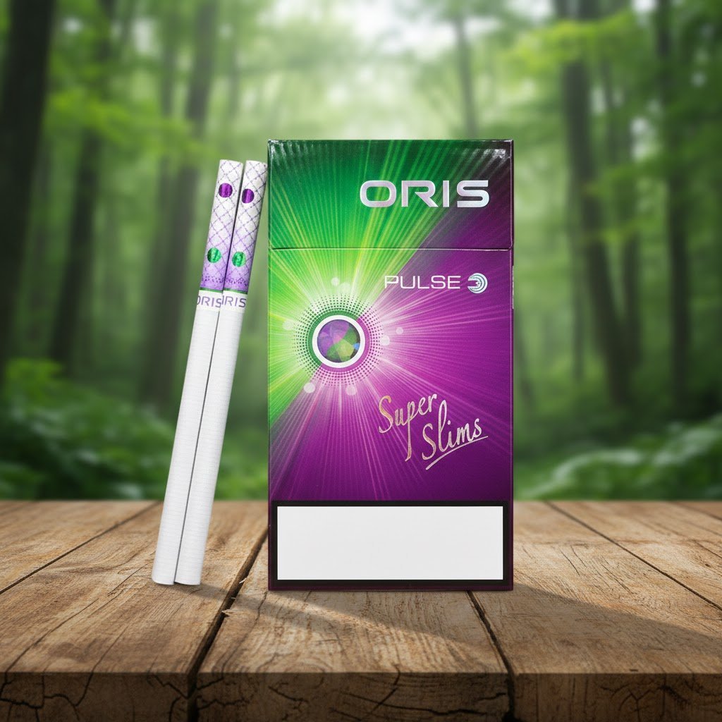 บุหรี่ Oris Pulse Blueberry Menthol ซองสีม่วงเขียว มวนซุปเปอร์สลิมแบบ 2 เม็ดบีบ