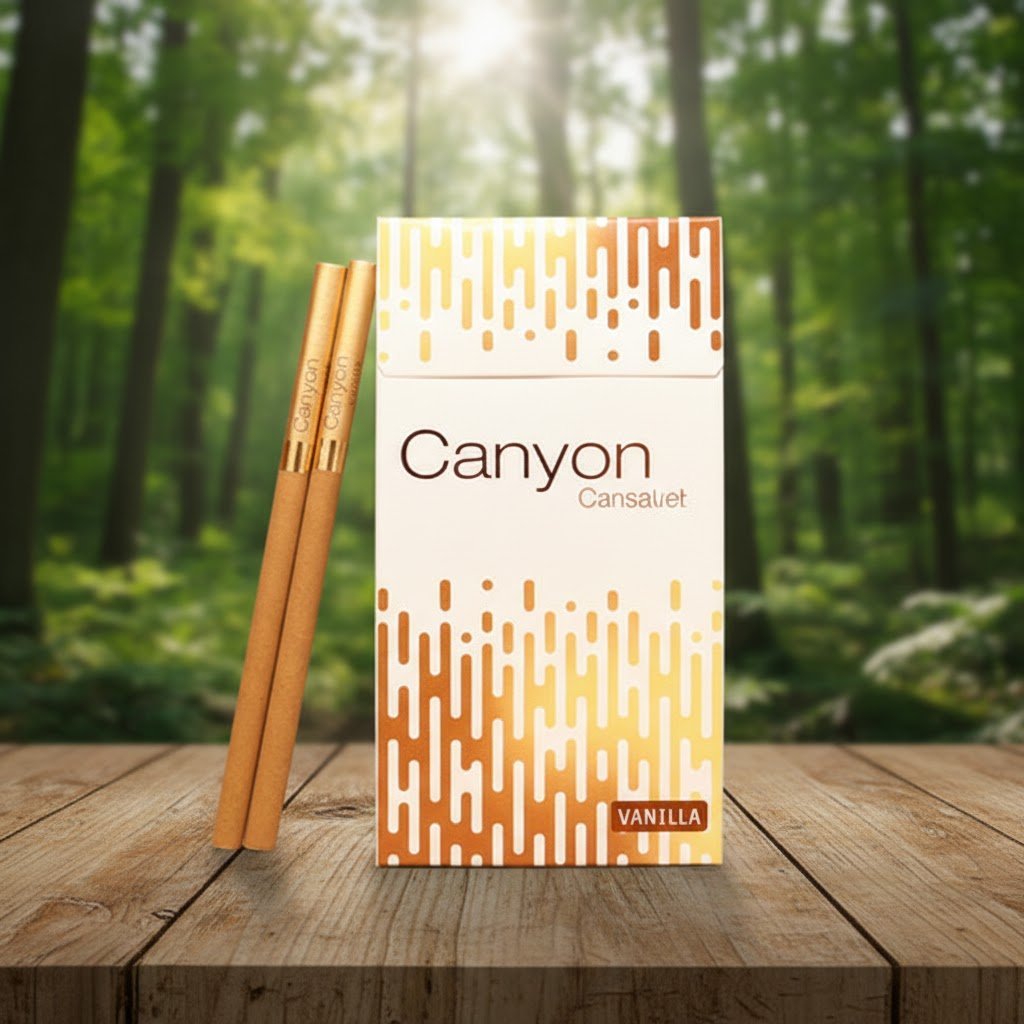 บุหรี่ Canyon Slim Vanilla ซองสีขาวครีม ลายกราฟิกสีส้ม มวนซุปเปอร์สลิม