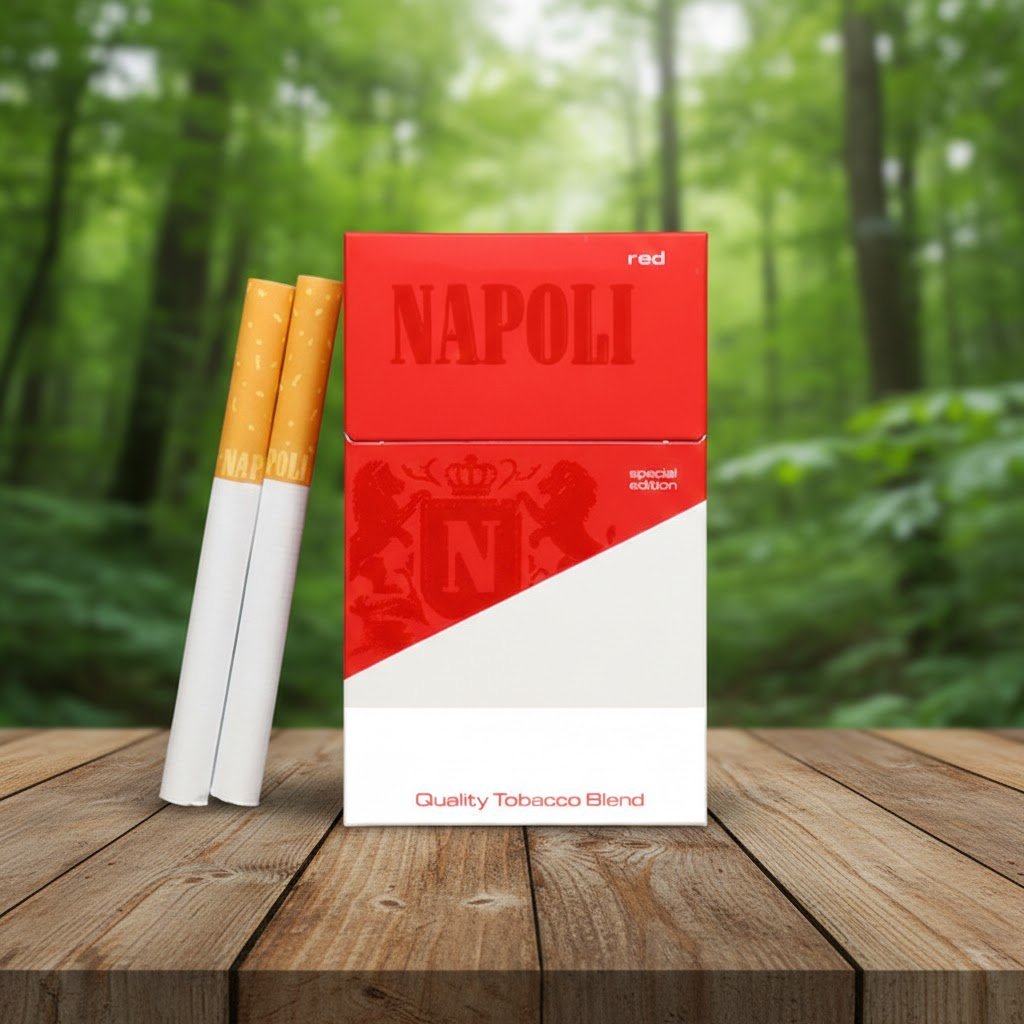 ซองบุหรี่ Napoli Red Special สีแดงเข้มและขาว วางคู่กับมวนบุหรี่บนโต๊ะไม้ในบรรยากาศป่าไม้ธรรมชาติ