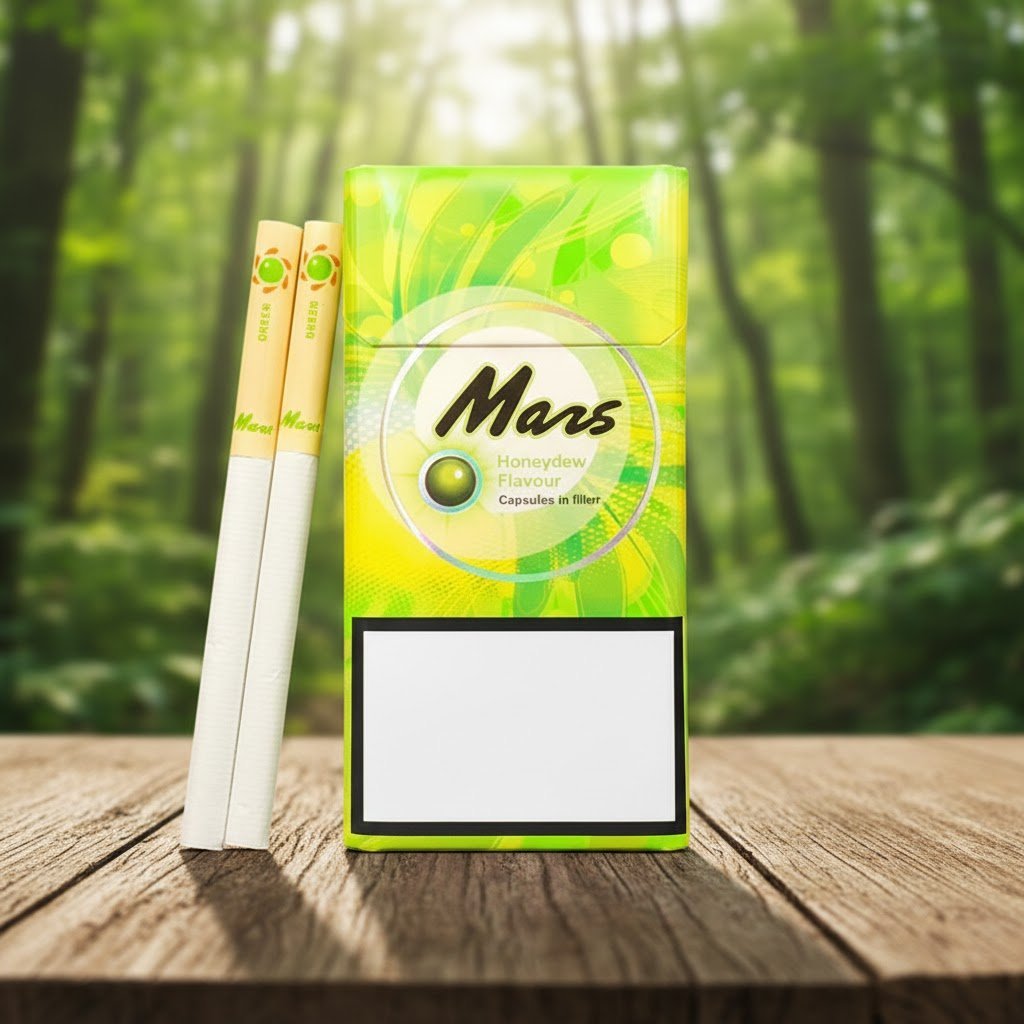 ซองบุหรี่ Mars Honeydew สีเขียวเหลืองสดใส วางบนโต๊ะไม้พร้อมมวนบุหรี่ ในบรรยากาศสวนป่าสีเขียว