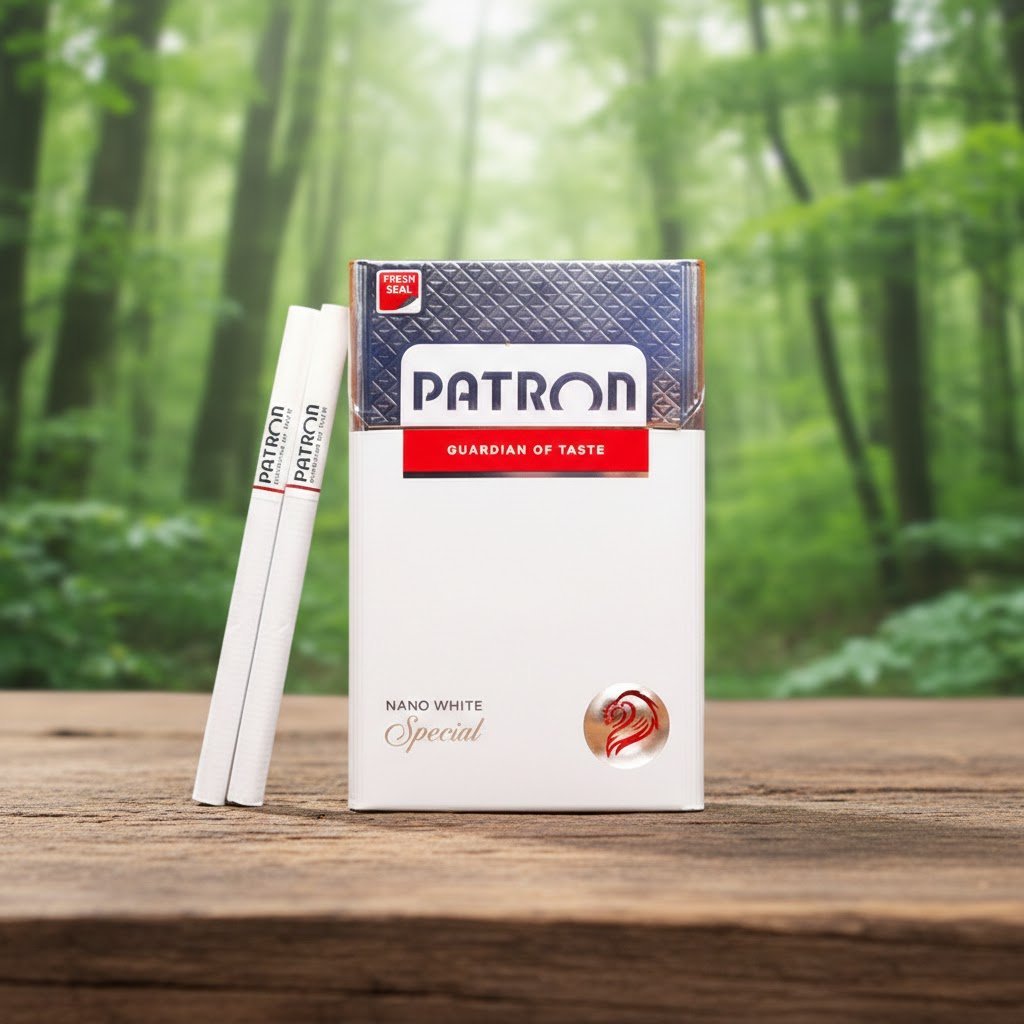 บุหรี่ Patron Nano White Special ซองสีขาวตัดน้ำเงิน วางบนโต๊ะไม้ในบรรยากาศสวนป่าสีเขียว