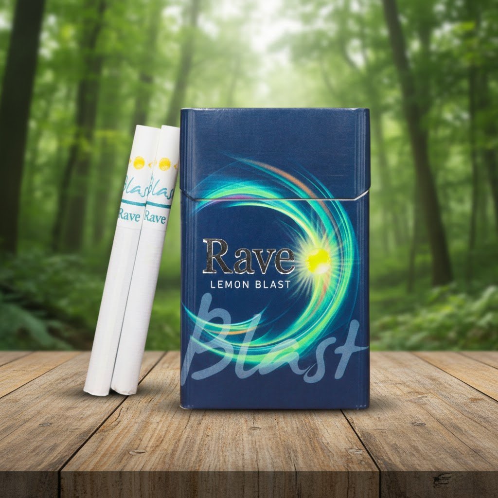 ซองบุหรี่ Rave Lemon Blast สีน้ำเงิน ดีไซน์ทันสมัย วางคู่กับมวนบุหรี่บนโต๊ะไม้ ท่ามกลางบรรยากาศสวนสีเขียว