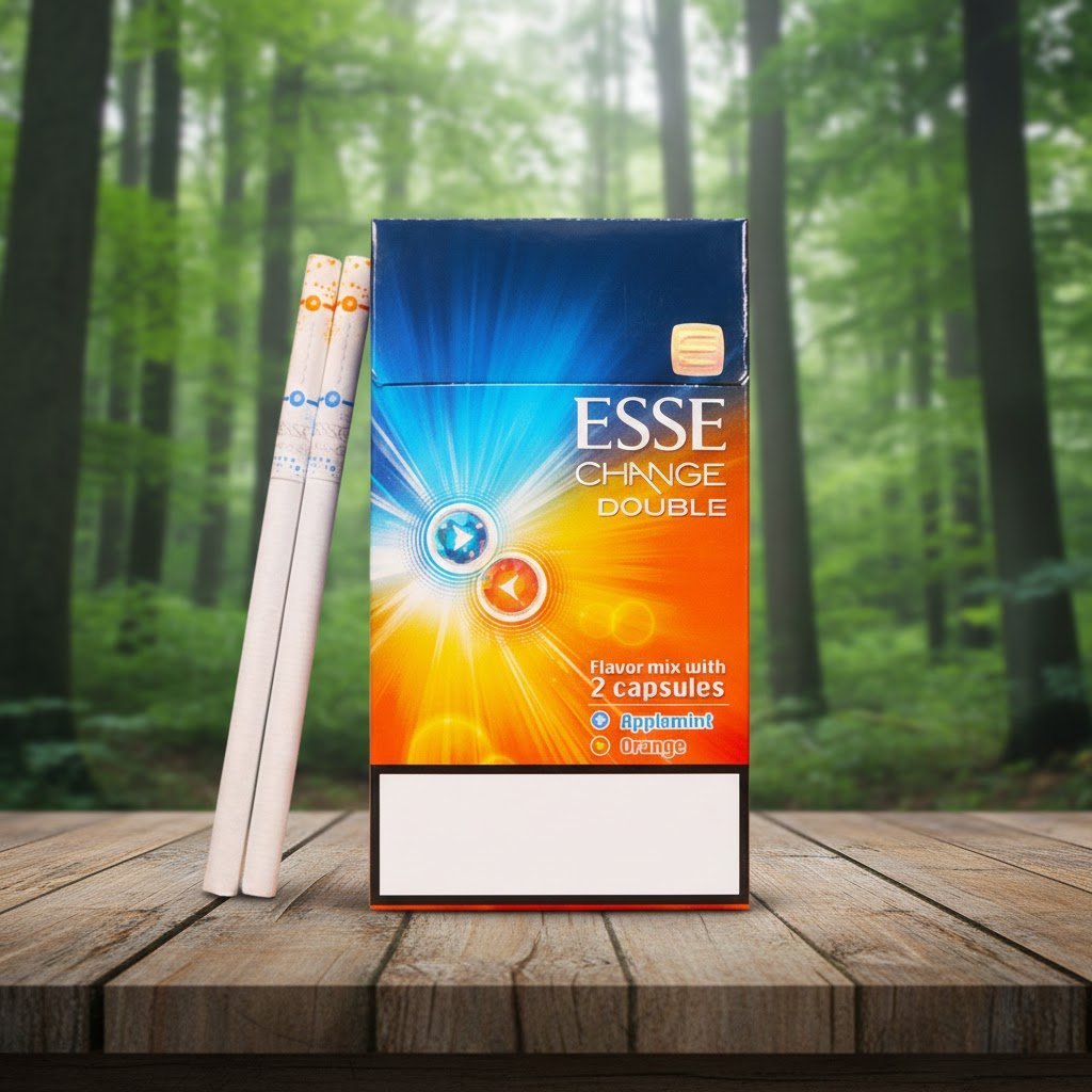ซองบุหรี่ ESSE Change Double Orange พร้อมมวนซุปเปอร์สลิม วางบนโต๊ะไม้ในบรรยากาศป่าธรรมชาติ