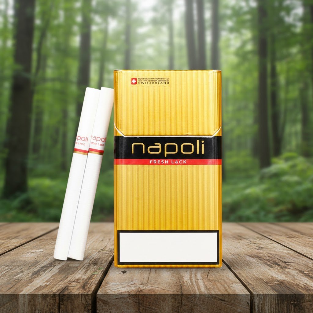 ซองบุหรี่ Napoli Gold สีทองดีไซน์พรีเมียม วางบนโต๊ะไม้ท่ามกลางธรรมชาติ