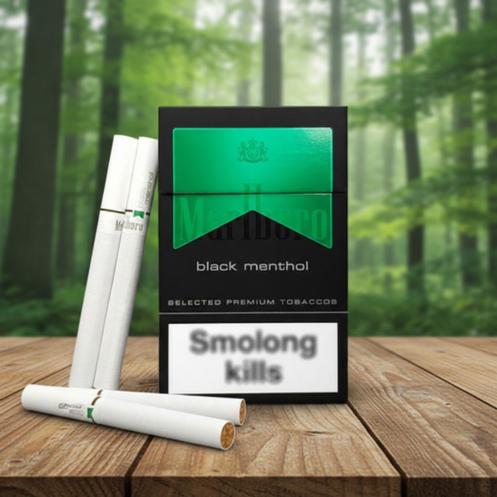 ซองบุหรี่ Marlboro Black Menthol สีดำตัดเขียวพรีเมียม วางบนโต๊ะไม้ในบรรยากาศป่าธรรมชาติ