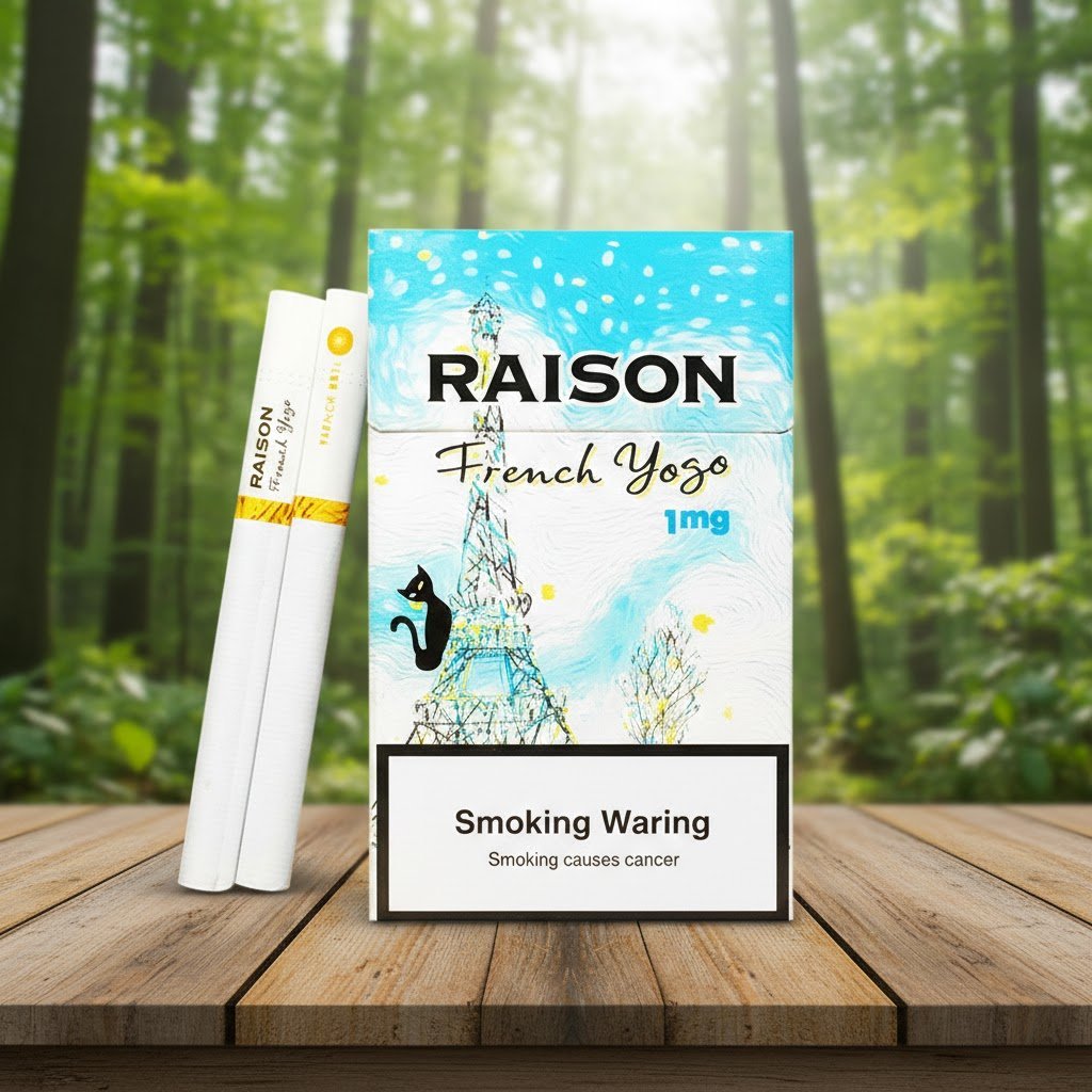 ซองบุหรี่ Raison French Yogo ลายหอไอเฟลสีฟ้าขาว พร้อมมวนบุหรี่ วางบนโต๊ะไม้ในบรรยากาศป่าธรรมชาติ