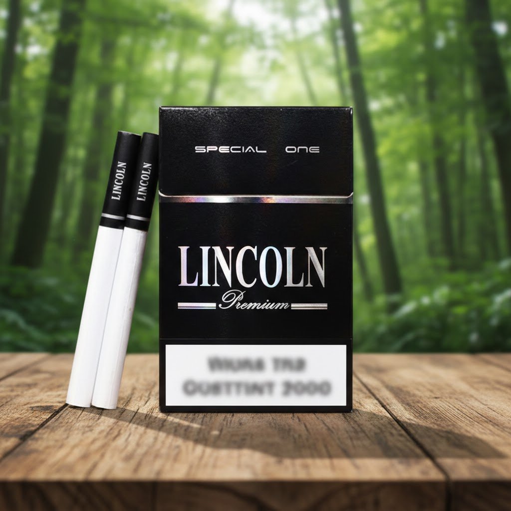ซองบุหรี่ Lincoln Special One สีดำพรีเมียมและมวนบุหรี่วางบนโต๊ะไม้ในสวนป่า