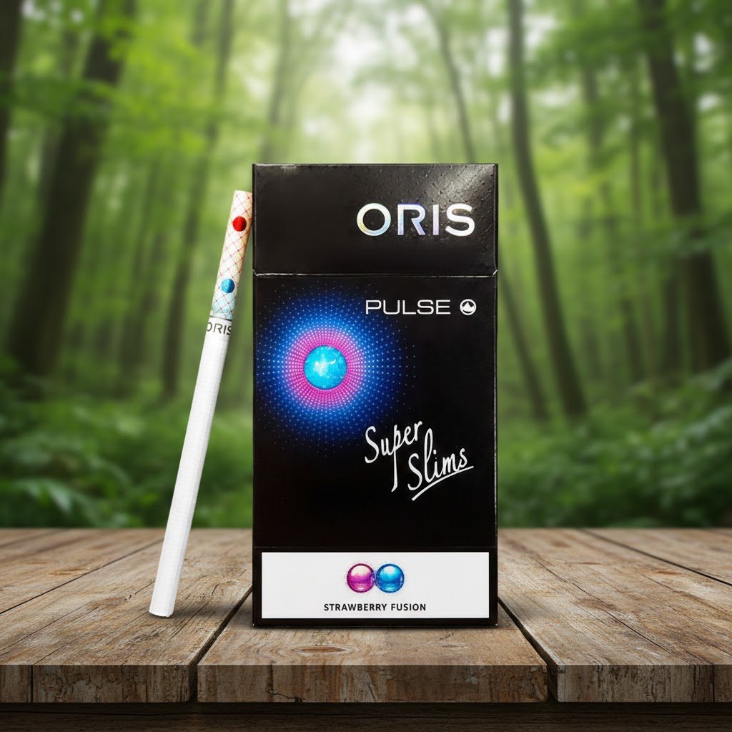 ซองบุหรี่ Oris Pulse Strawberry Fusion สีดำดีไซน์ล้ำสมัยพร้อมมวนซุปเปอร์สลิมบนโต๊ะไม้ฉากหลังป่าเขียว