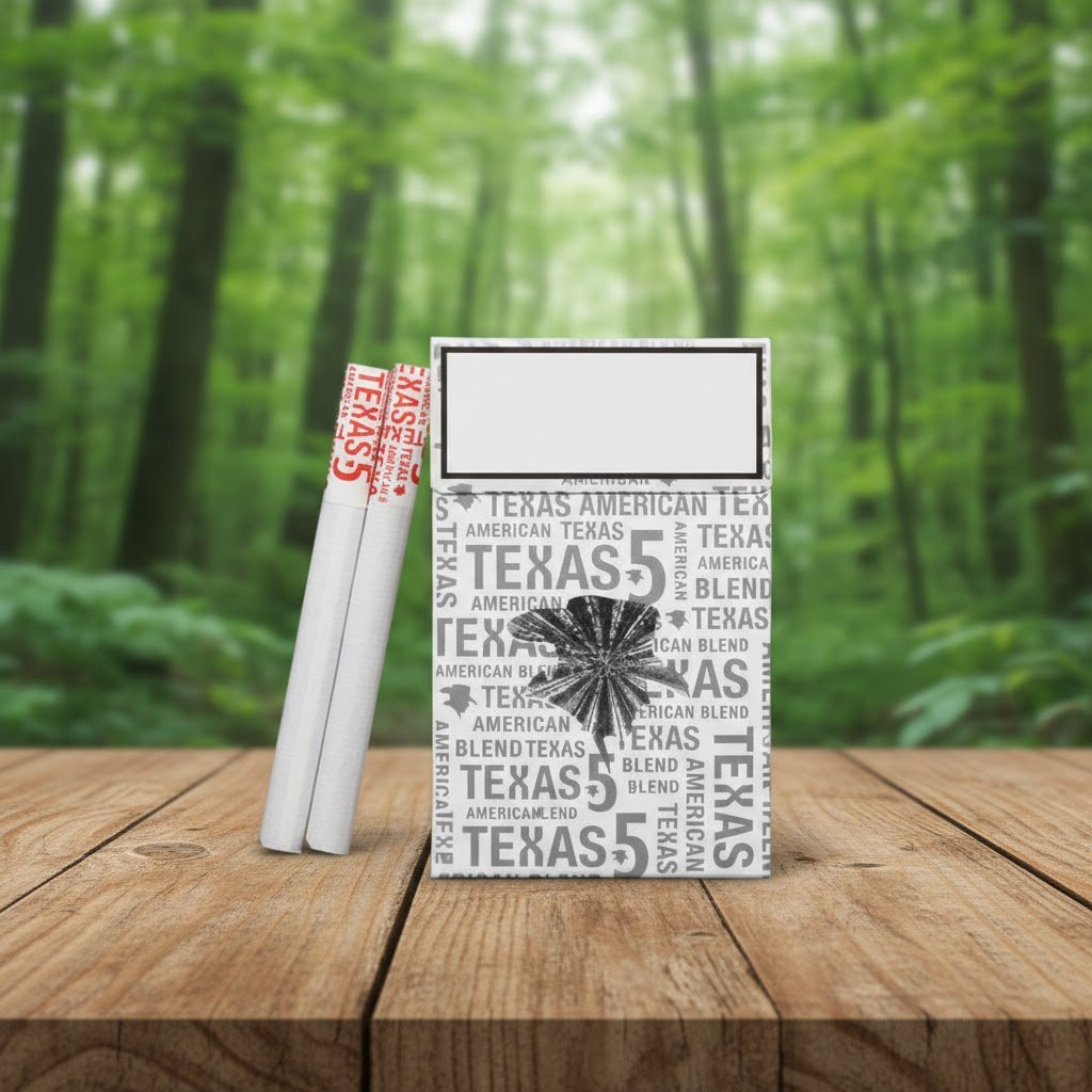 ซองบุหรี่ Texas 5 Silver และมวนบุหรี่ วางบนโต๊ะไม้ในบรรยากาศป่าธรรมชาติ
