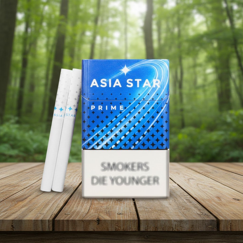 ซองบุหรี่ Asia Star Prime สีน้ำเงินลายดาววางบนโต๊ะไม้ในบรรยากาศป่าธรรมชาติ