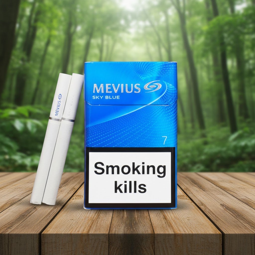 ซองบุหรี่ Mevius Sky Blue สีน้ำเงินเงางามวางบนโต๊ะไม้ในบรรยากาศสวนป่าธรรมชาติ