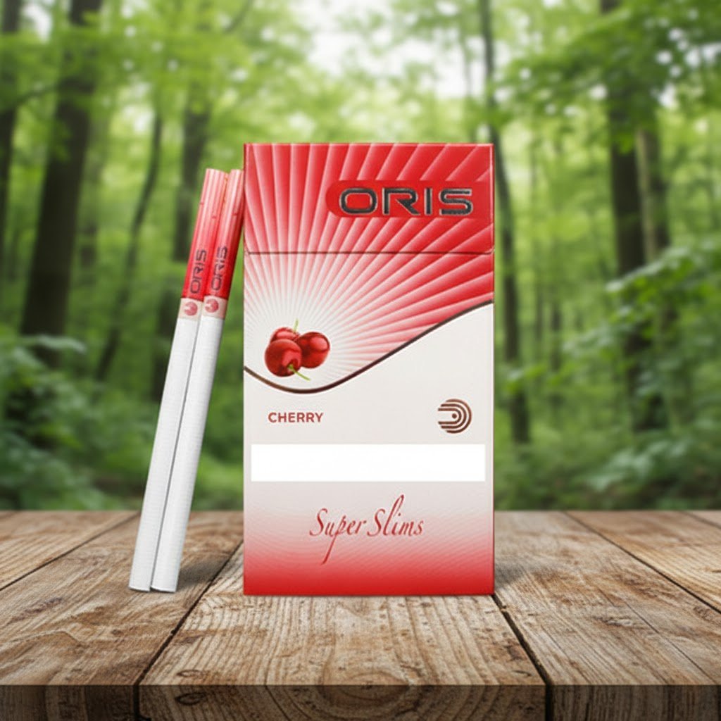 ซองบุหรี่ Oris Cherry สีแดงสดใสดีไซน์ซุปเปอร์สลิม วางคู่กับมวนบุหรี่บนโต๊ะไม้ในบรรยากาศป่าไม้