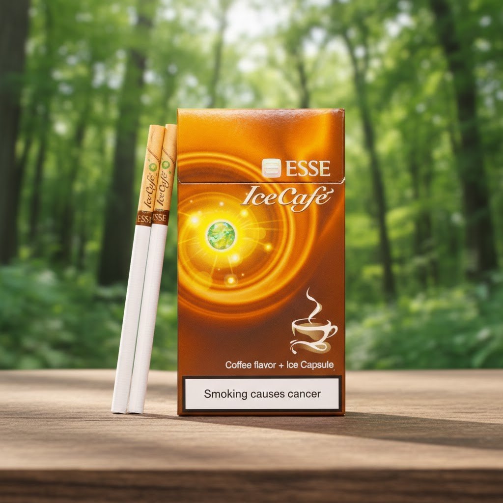 ซองบุหรี่ ESSE Ice Cafe สีน้ำตาลทองลายเกลียว พร้อมมวนบุหรี่ วางบนโต๊ะไม้ฉากหลังเป็นป่าธรรมชาติ