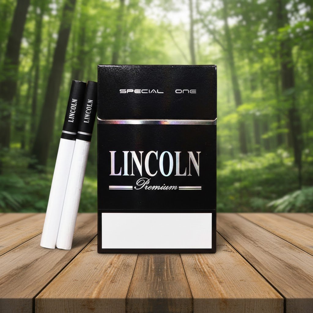 ซองบุหรี่ Lincoln Special 1 และมวนบุหรี่ วางบนโต๊ะไม้ในบรรยากาศสวนสีเขียว