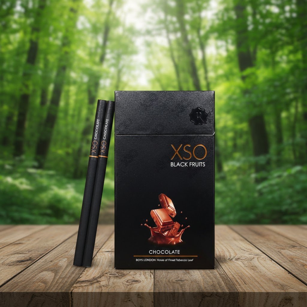 ซองบุหรี่ XSO Chocolate สีดำด้าน รูปช็อกโกแลต วางบนโต๊ะไม้ฉากหลังป่าสีเขียว