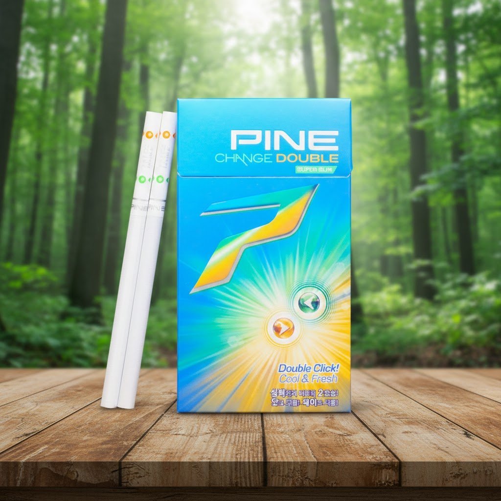 ซองบุหรี่ Pine Change Double Orange สีฟ้าสว่างลายกราฟิกตัว P วางคู่กับมวนบุหรี่แบบ Superslims บนโต๊ะไม้ในป่า