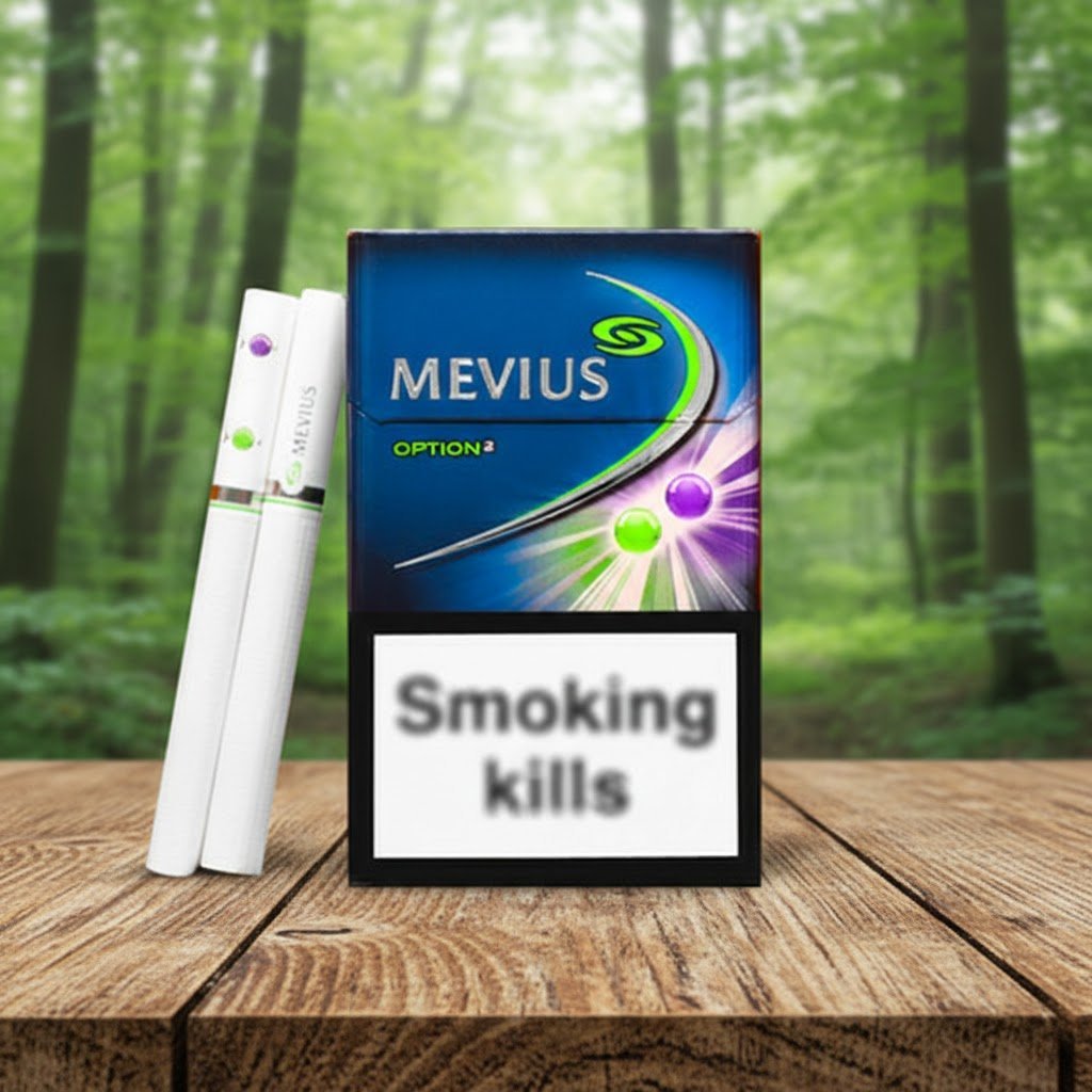 ซองบุหรี่ Mevius Option 2 สีน้ำเงินเข้มพร้อมสัญลักษณ์เม็ดบีบคู่สีม่วงและเขียว วางบนโต๊ะไม้ฉากหลังป่า