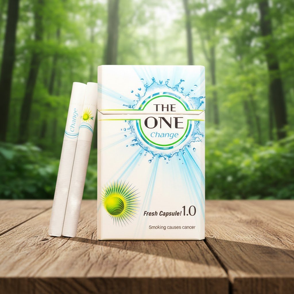 ซองบุหรี่ The One Change สีขาวลายกราฟิกหยดน้ำสีฟ้า วางคู่กับมวนบุหรี่ก้นกรองสีขาวบนโต๊ะไม้ฉากหลังป่า