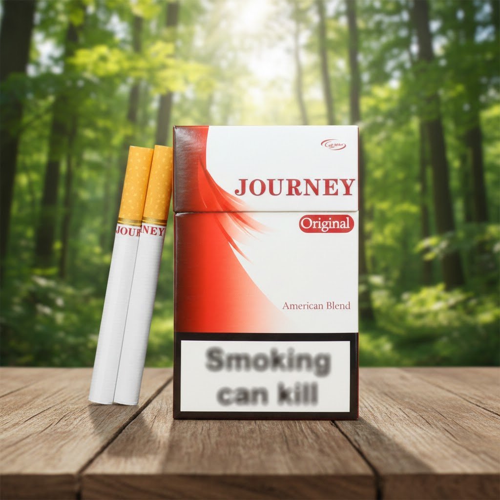 ซองบุหรี่ Journey Original สีขาวแดงวางบนโต๊ะไม้ พร้อมมวนบุหรี่ก้นกรองสีส้ม ฉากหลังเป็นป่าไม้ธรรมชาติ