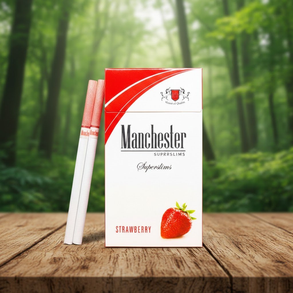 ซองบุหรี่ Manchester Strawberry SuperSlims สีขาวแดงรูปสตอเบอร์รี่ วางคู่กับมวนบุหรี่สลิมบนโต๊ะไม้ฉากหลังป่า