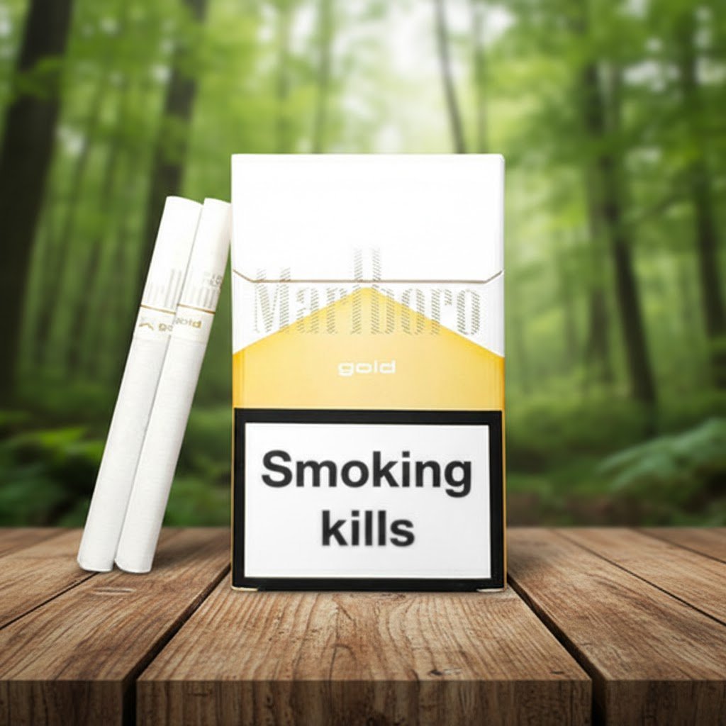 ซองบุหรี่ Marlboro Gold สีขาวทองตั้งตระหง่านคู่กับมวนบุหรี่สีขาวบนโต๊ะไม้ ท่ามกลางบรรยากาศป่าสีเขียว