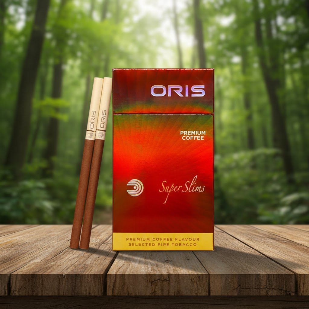 ซองบุหรี่ Oris Premium Coffee สีแดงเข้มไล่เฉด วางคู่กับมวนบุหรี่สีน้ำตาลบนโต๊ะไม้ฉากหลังเป็นป่าธรรมชาติ