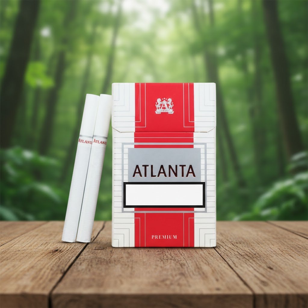 ซองบุหรี่ Atlanta Red Premium สีขาวคาดแดงวางคู่กับมวนบุหรี่ก้นกรองสีขาวบนโต๊ะไม้ฉากหลังป่า