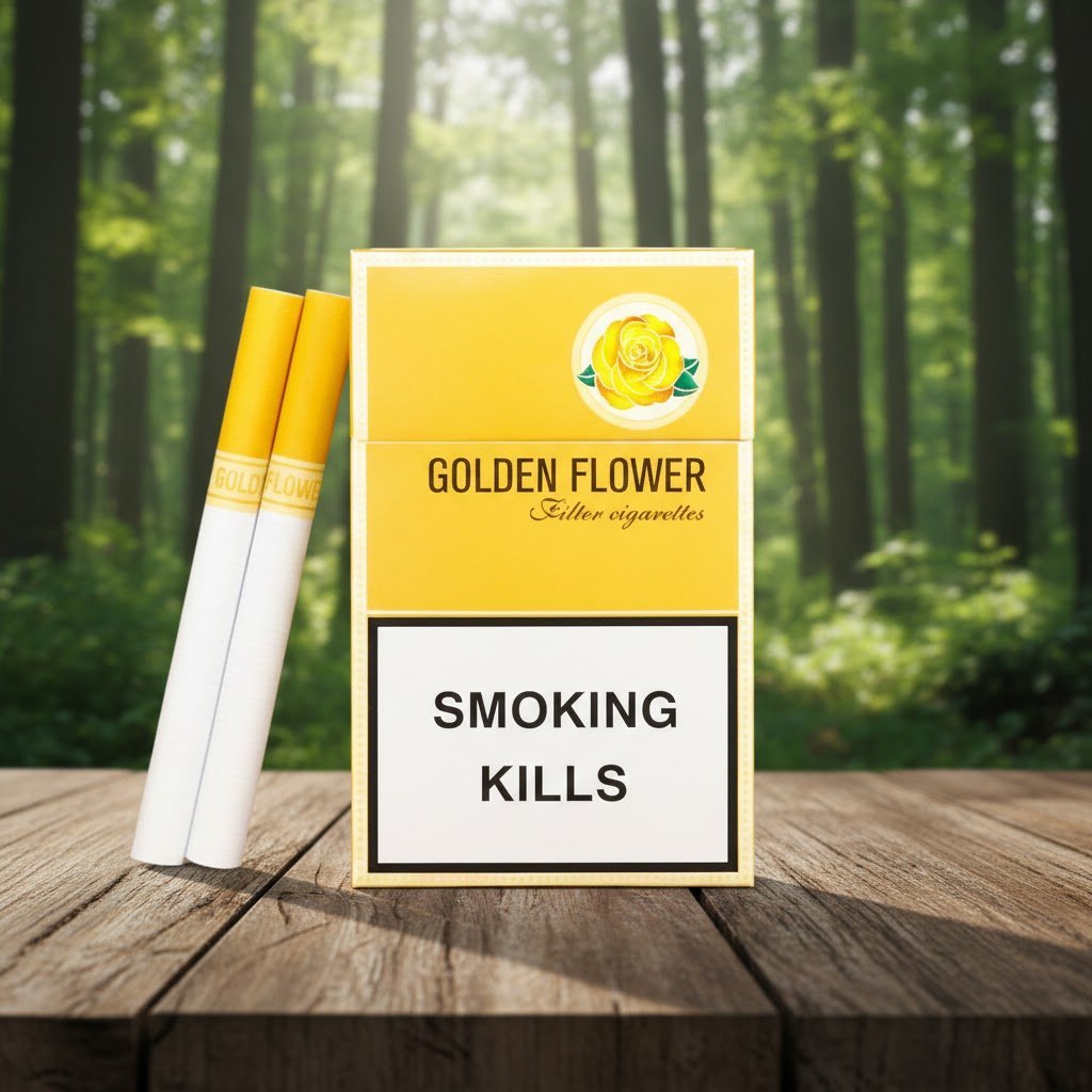 บุหรี่ Golden Flower โกลเด้น ฟลาวเวอร์ รสร้อน ใบยาพรีเมี่ยม ดีไซน์ซองสีเหลืองทอง