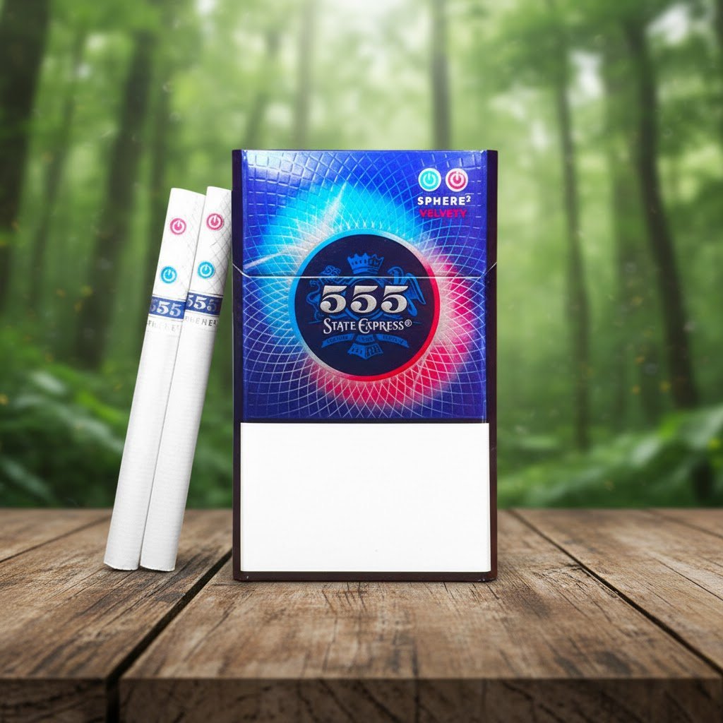 ซองบุหรี่ 555 State Express Sphere2 Velvety ดีไซน์สีน้ำเงินม่วง พร้อมมวนบุหรี่ก้นกรองแบบหลุม วางบนโต๊ะไม้ฉากหลังป่า