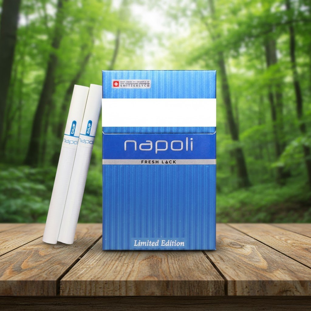 บุหรี่ Napoli Blue Limited Edition วางบนโต๊ะไม้ ท่ามกลางบรรยากาศป่าธรรมชาติสีเขียว