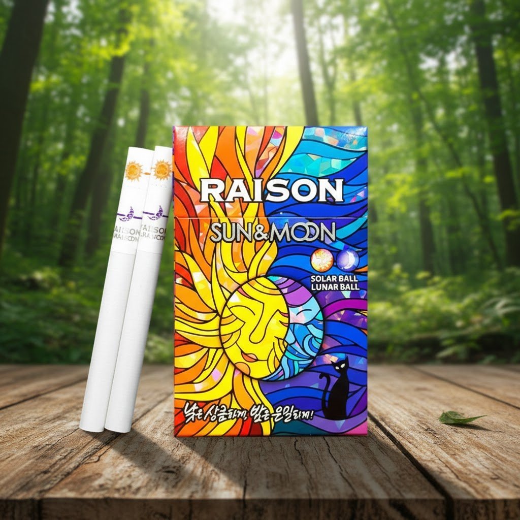 ซองบุหรี่ Raison Sun & Moon ดีไซน์ศิลปะหลากสีสันพร้อมมวนบุหรี่วางบนโต๊ะไม้ในบรรยากาศป่า