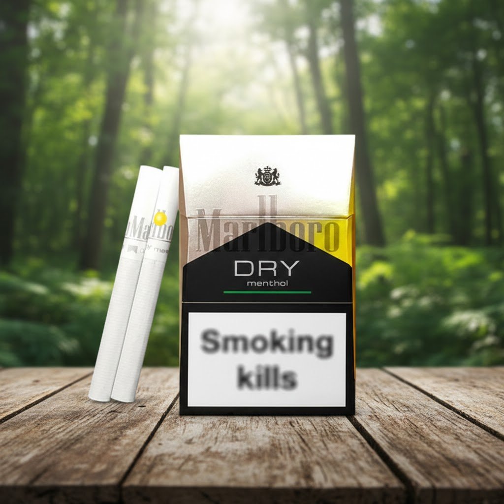 บุหรี่ Marlboro Dry Menthol วางคู่กับมวนบุหรี่บนโต๊ะไม้ในบรรยากาศป่าธรรมชาติ