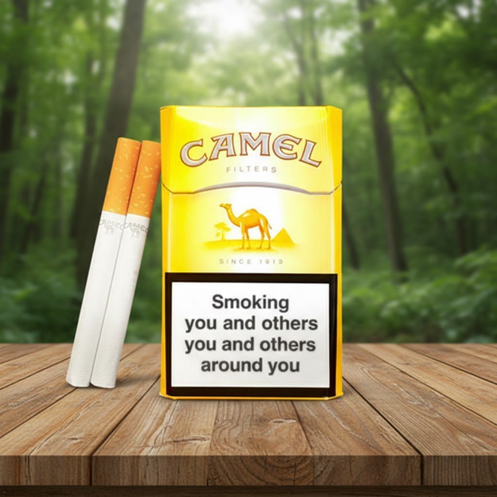 ซองบุหรี่ Camel Yellow สีเหลืองคลาสสิกรูปอูฐวางบนโต๊ะไม้ฉากหลังเป็นป่าธรรมชาติ