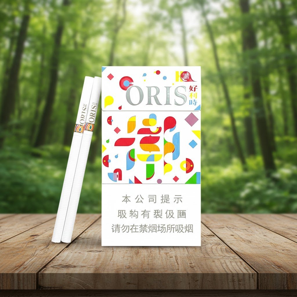 ซองบุหรี่ Oris Chao Society White ดีไซน์กราฟิกหลากสีวางบนโต๊ะไม้ฉากหลังป่าธรรมชาติ