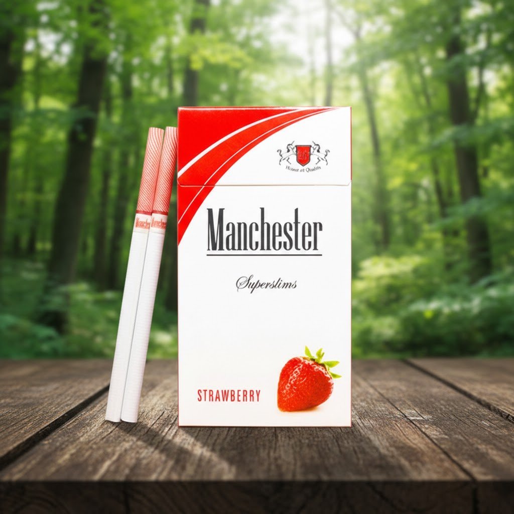 ซองบุหรี่ Manchester Strawberry SuperSlims วางบนโต๊ะไม้ในบรรยากาศป่าธรรมชาติ
