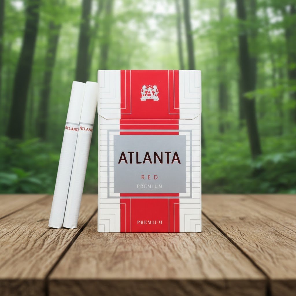 ซองบุหรี่ Atlanta Red Premium สีขาวแถบแดงวางคู่กับมวนบุหรี่สีขาวบนโต๊ะไม้กลางป่า