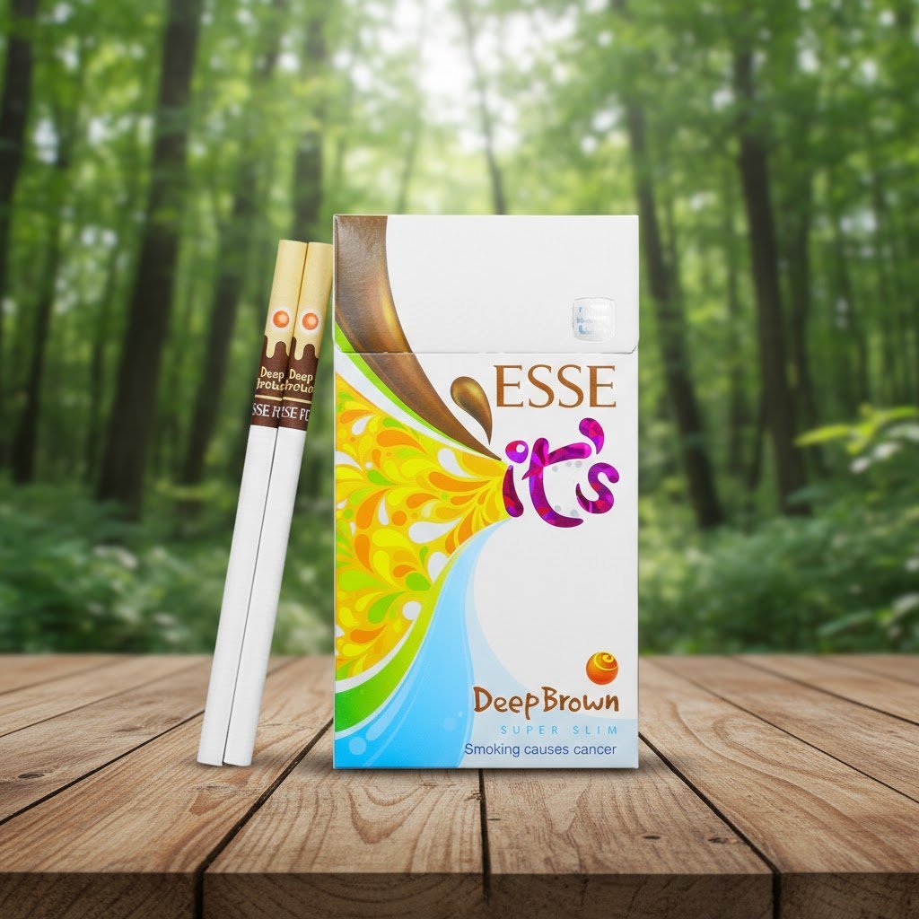 ซองบุหรี่ ESSE Deep Brown วางคู่กับมวนบุหรี่สลิมบนโต๊ะไม้ ฉากหลังเป็นป่าธรรมชาติสีเขียว