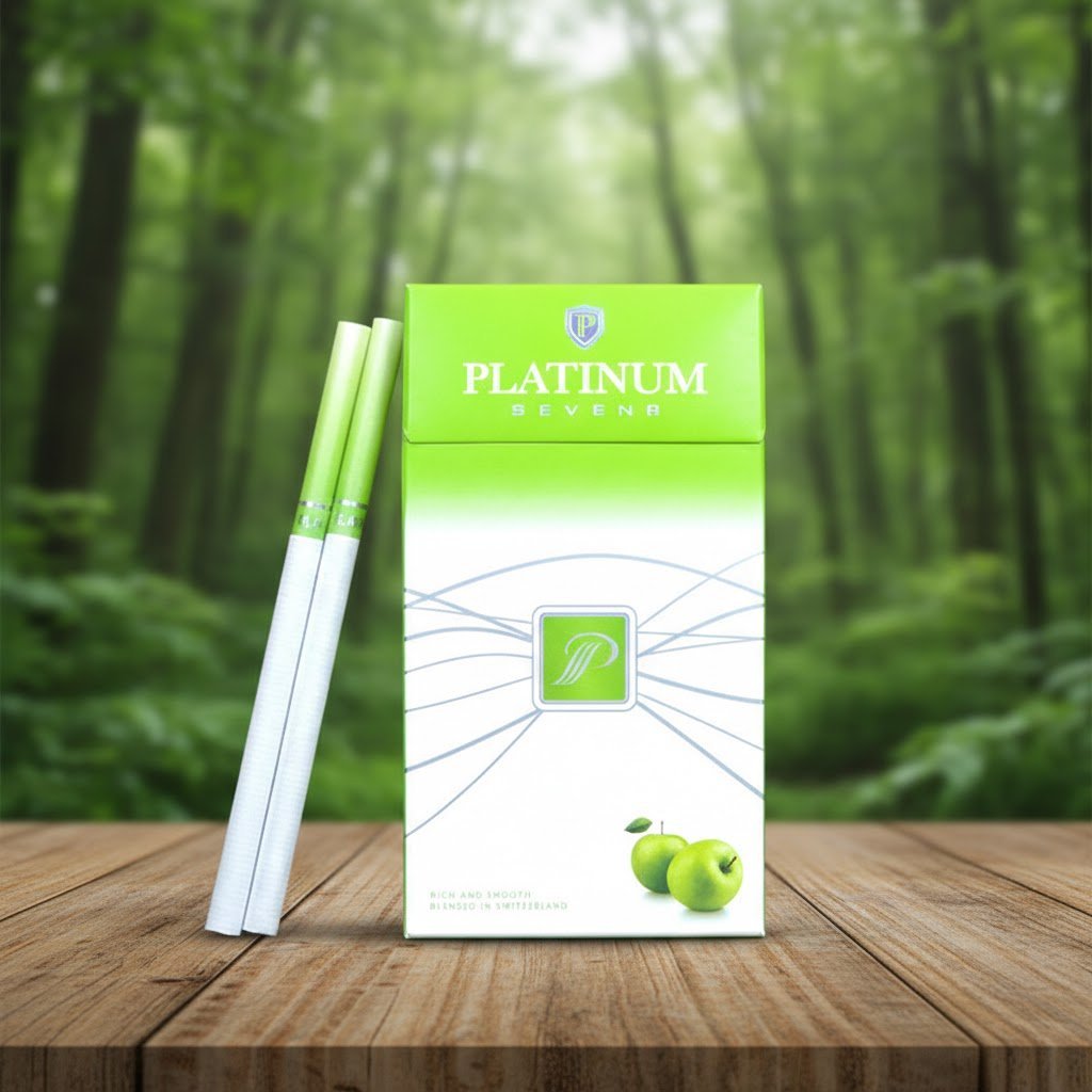 ซองบุหรี่ Platinum Seven กลิ่น Green Apple วางบนโต๊ะไม้ในบรรยากาศสวนสีเขียว