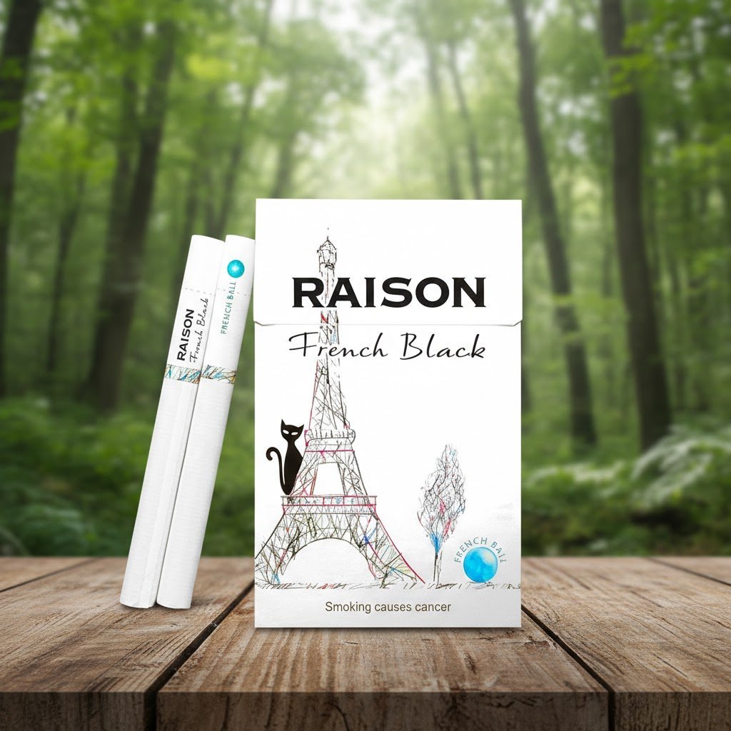 ซองบุหรี่ Raison French Black ดีไซน์รูปหอไอเฟล วางบนโต๊ะไม้ท่ามกลางธรรมชาติป่าไม้เขียวขจี